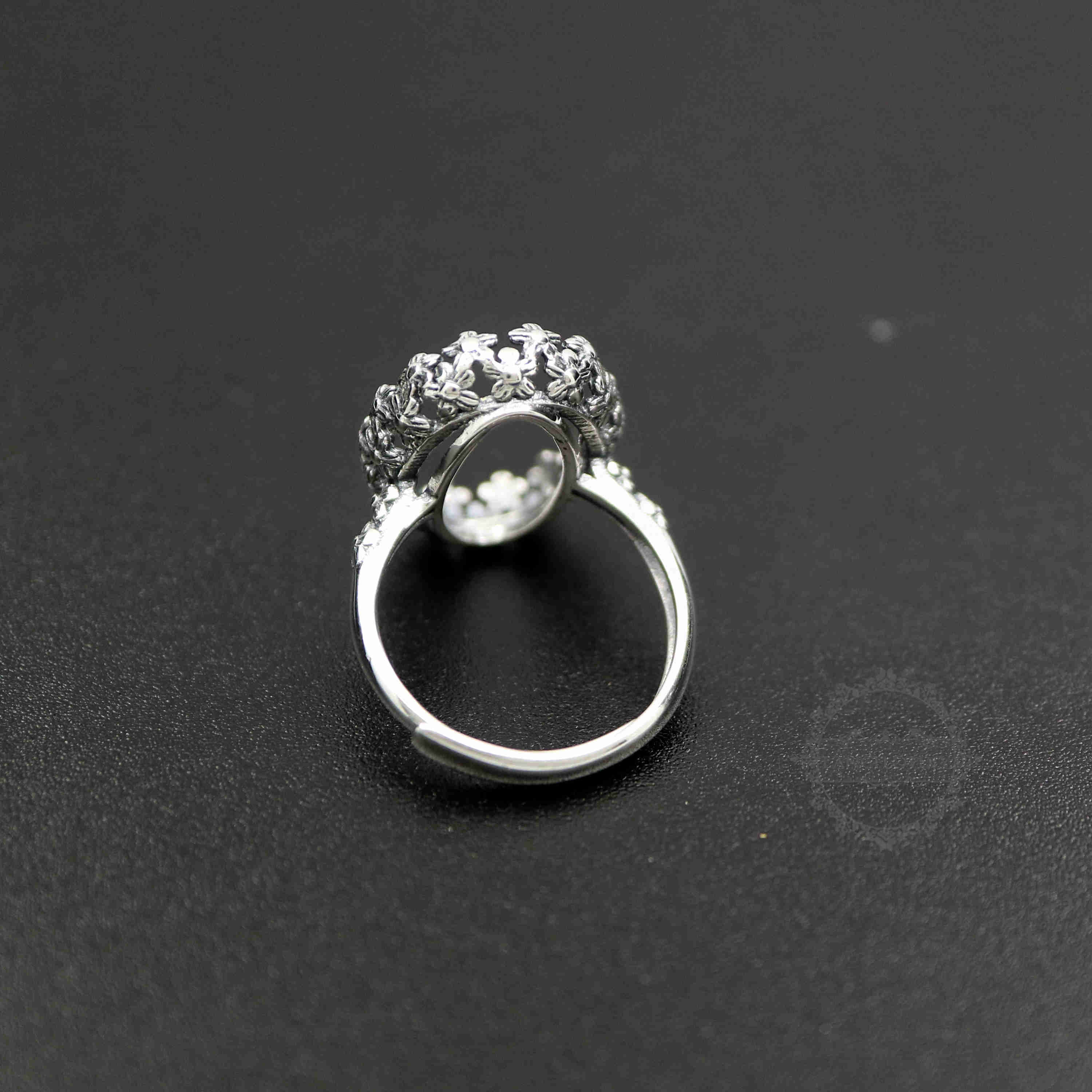 1Pcs 13X18MM Antiqued Oval Flower Bezel Solid 925 Sterling Silver Adjustable Ring Settings 1223085 - Click Image to Close